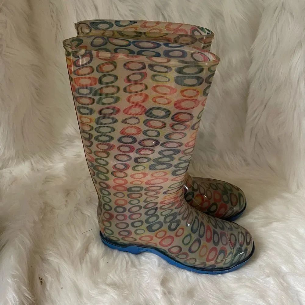 Inner Soul multi color Rubber rain boots with indigo blue soles size11